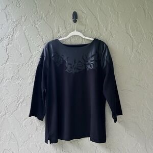 Chico's Women's XL Size 3 Black Faux Leather Neck Ponte Knit 3/4 Sleeves Top NWT